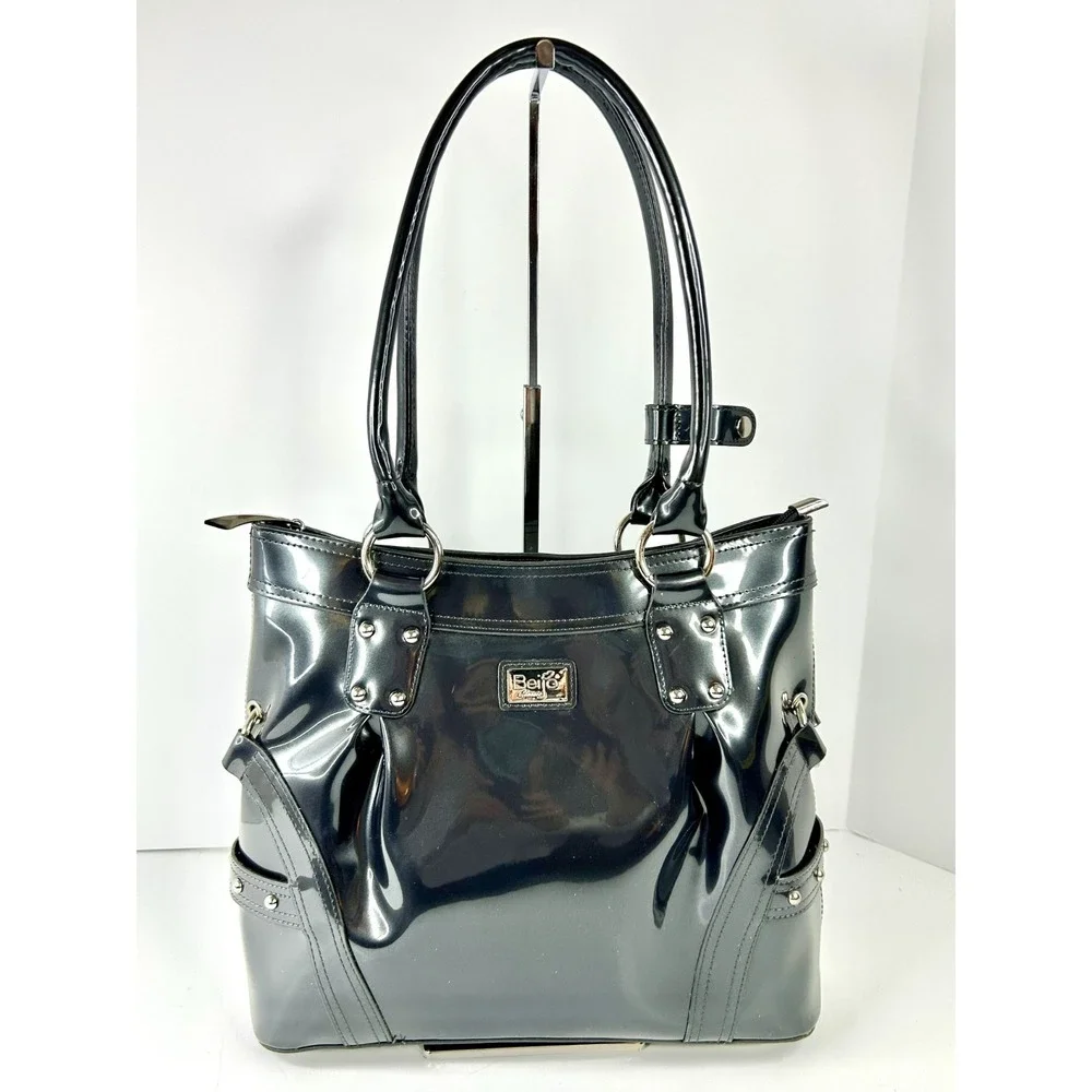 Beijo Classic Handbag Charcoal Patent Faux Leather Satchel Top Handle Purse EUC